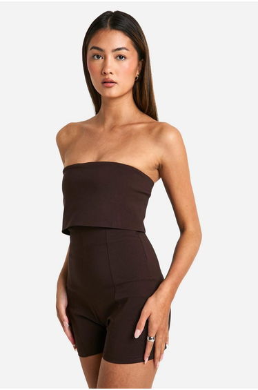 Longline Foldover Bandeau Playsuit - chocolate