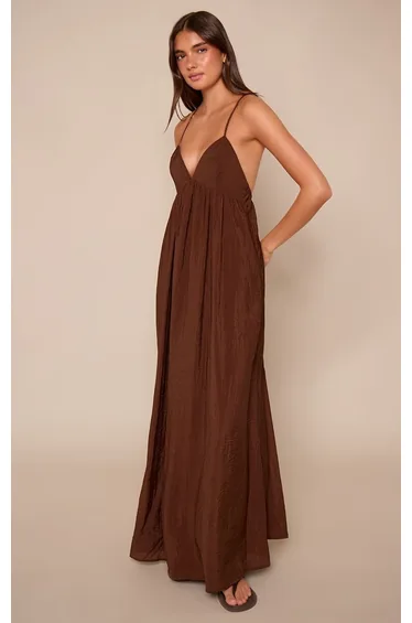 Chocolate Woven Open Back Trim Detail Floaty Maxi Dress