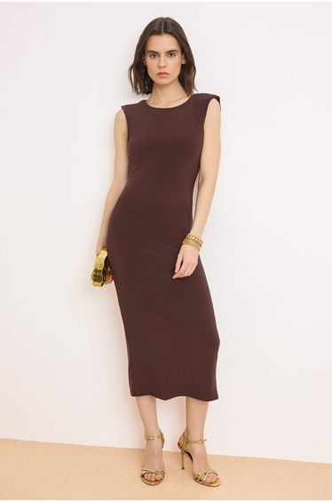 Brown Satin Maxi Lined Party Dress