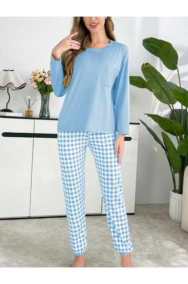 Blue Plain T-Shirt and Checked Pyjama Set