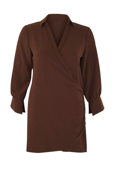 Brown Double Breasted Mini Long Sleeve Shirt Collar Woven Dress