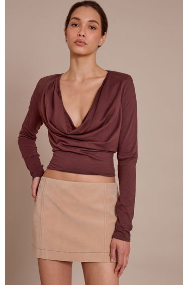 Chocolate Cotton Cowl Neck Shoulder Pad Long Sleeve Top