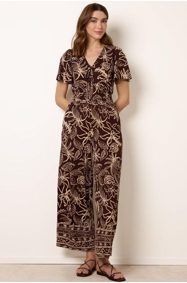 Tropical Print Shirred Waist Elasticated Round Neck Jumpsuit