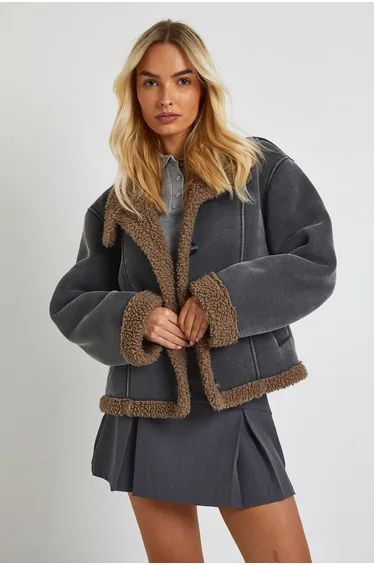 Fur Detail Suede High Neck Aviator Jacket