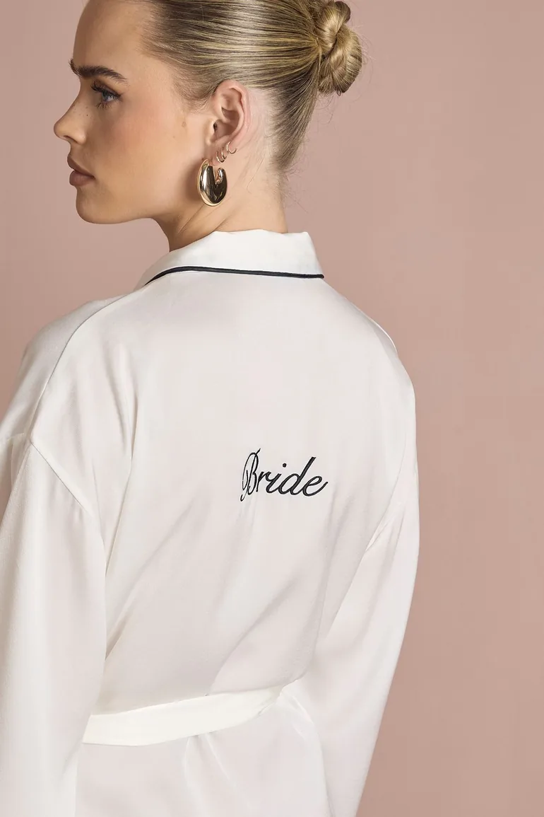 Bridal 'Bride' Satin Embroidered Short Robe - white - 3