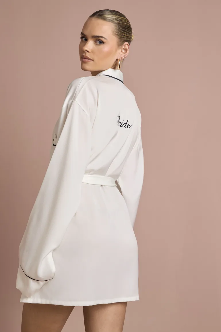 Bridal 'Bride' Satin Embroidered Short Robe - white - 1