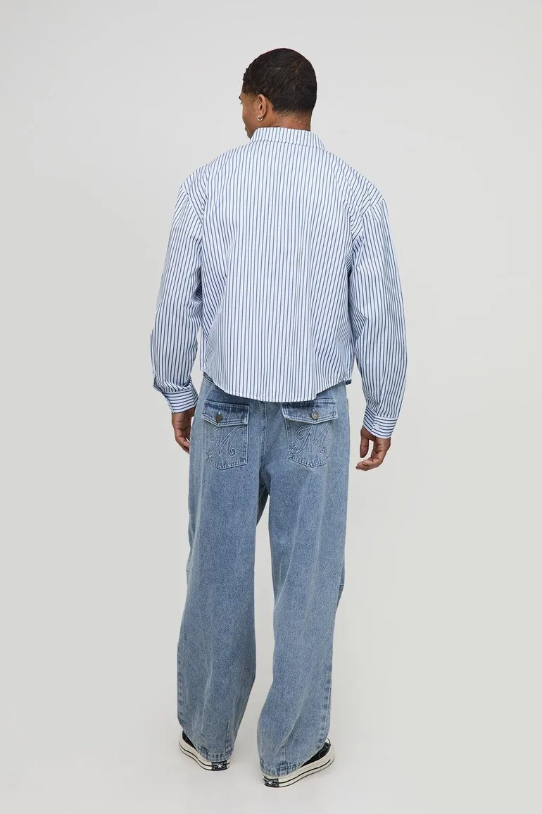 قميص بوهو مان كحلي بطبعة مخططة بأكمام طويلة - 1