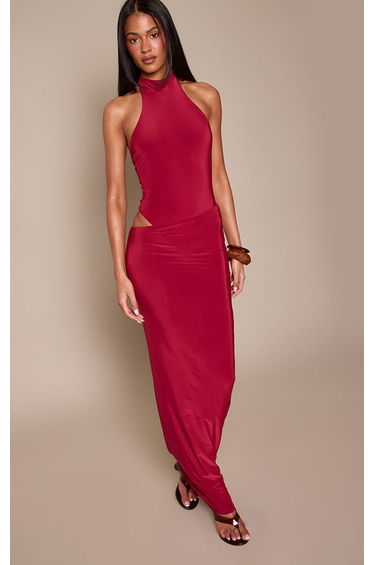 Tall Wine Slinky Low Waist Maxi Skirt