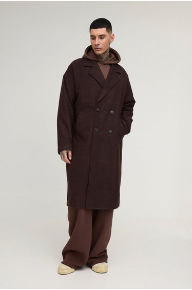 Tall Oversized Drop Shoulder Herringbone Overcoat In Brown