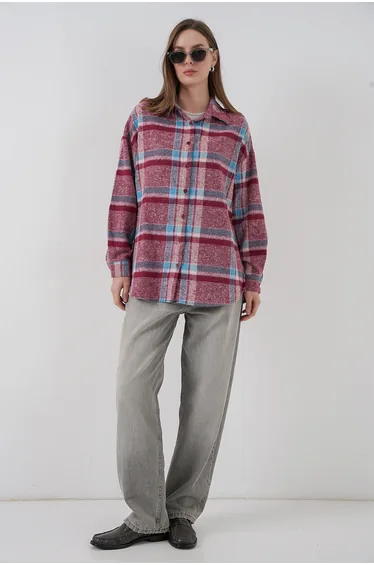 Purple Plaid Pattern Double Pocket Shirt