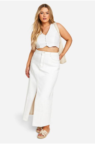 Plus Ecru Denim Split Front Maxi Skirt