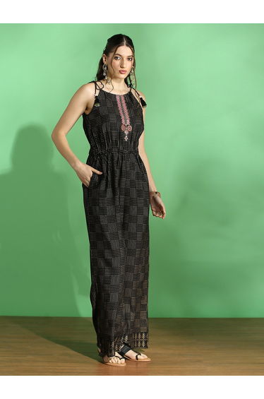 Women Embroidered Yoke Tie-Up Straps Fusion Jumpsuit