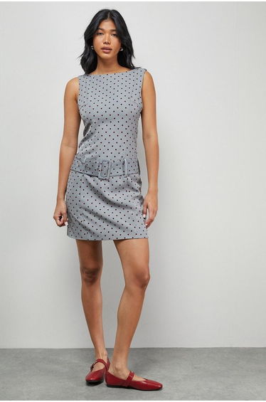 Flock Spot Self Belt Mini Dress