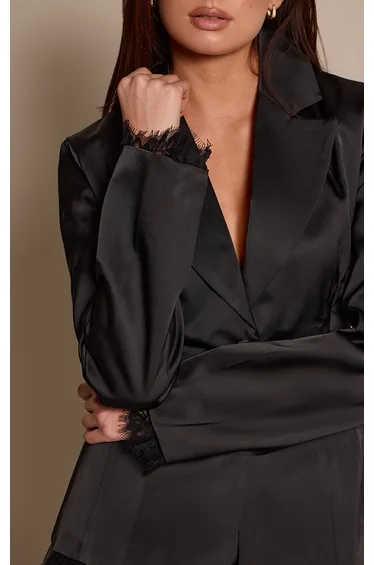 Black Structured Satin Lace Detail Blazer