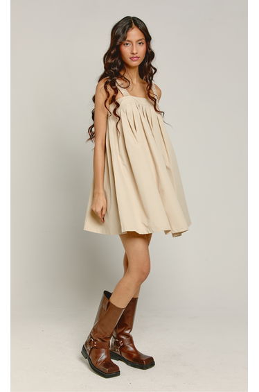 Beige Pleated Babydoll Mini Dress