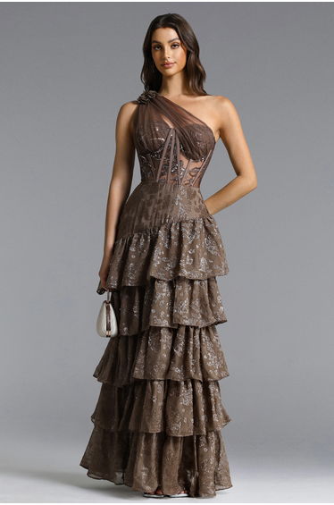 Hedar Romantic Tailored One Shoulder Cut Out Ruffle Embellished Sequin Maxi Dress