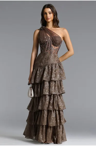 Hedar Romantic Tailored One Shoulder Cut Out Ruffle Embellished Sequin Maxi Dress