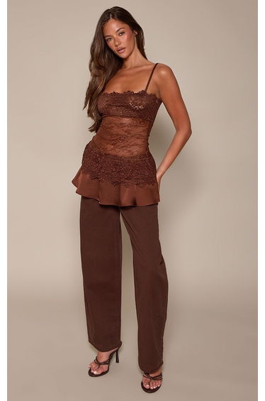 Chocolate Satin Lace Overlay Strappy Top