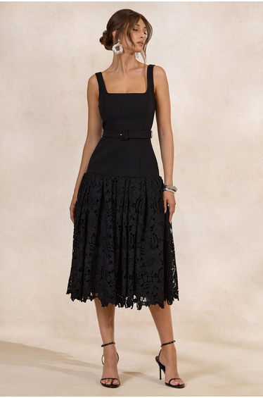 Norrie | Black Square-Neck Midi Dress With Voluminous Lace Skirt