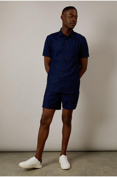 Navy Linen Blend Short Sleeve Shirt