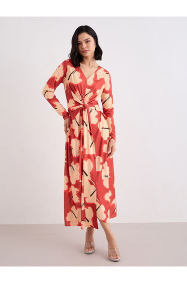 Orange Floral Print Wrap Maxi Dress