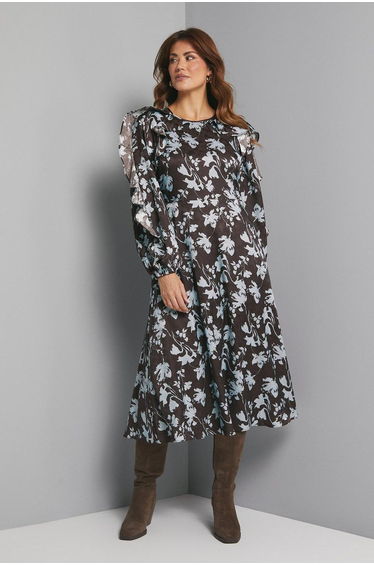 Floral Satin Jacquard Ruffle Midi Dress