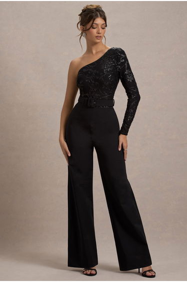 Upgrade | Black Lace Asymmetric Belted Wide-Leg Jumpsuit