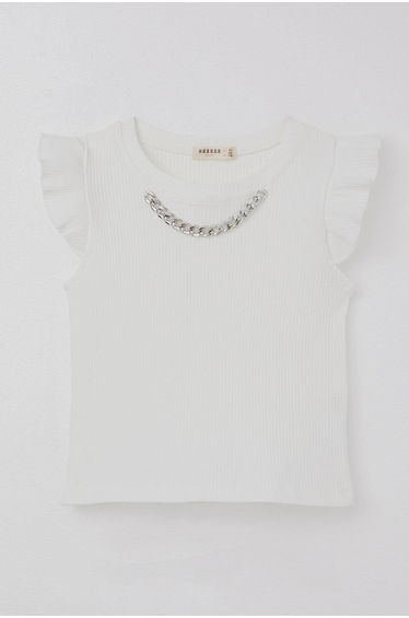 Girls' T-Shirt with Belt Collar and Chain Accessory, Ecru