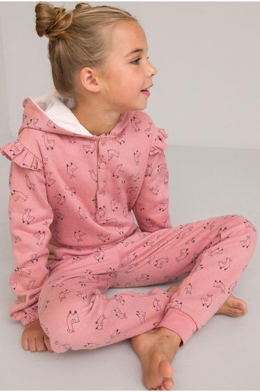 Fleece Hooded Onesie in Cotton Mix with Ruffle Sleeves