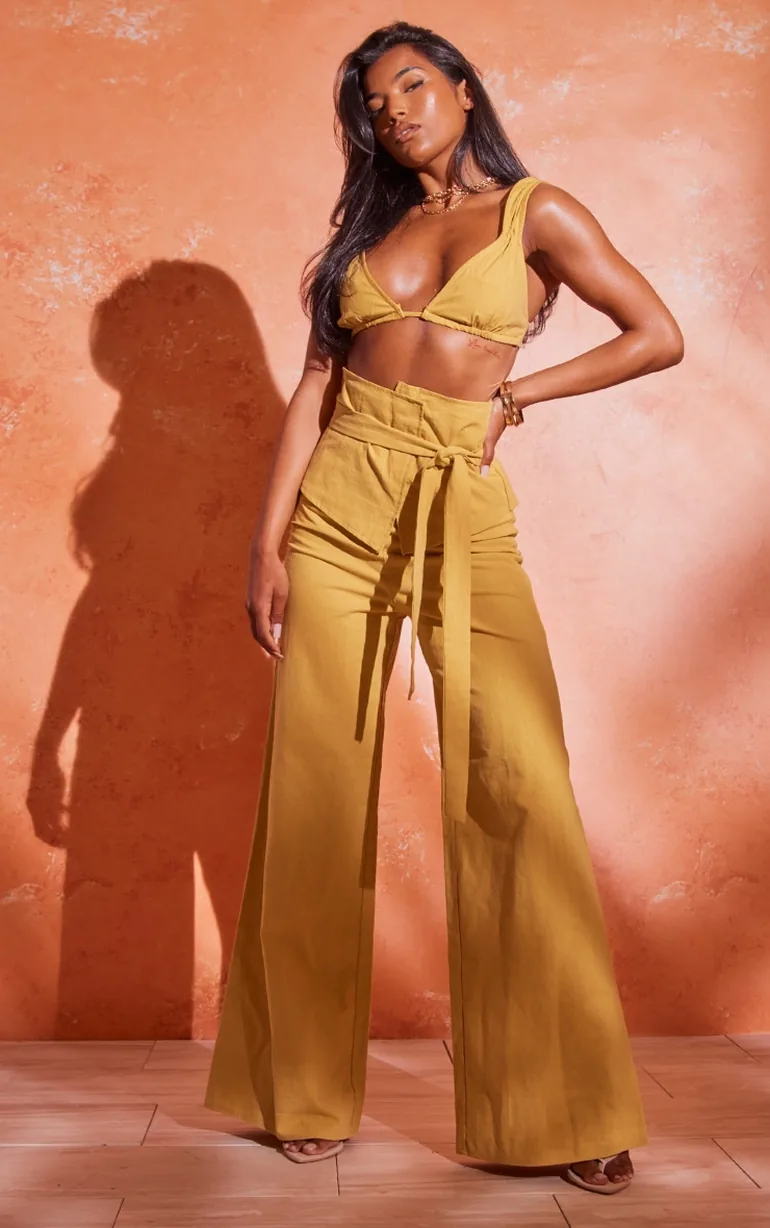 Mustard Linen Look Tie Back Micro Triangle Bralet - 2