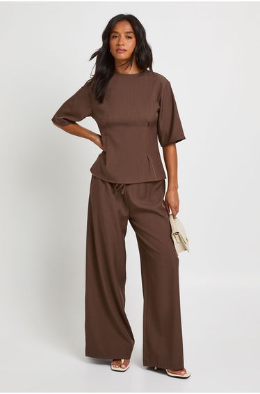 Petite Woven Marl Cinch Waist Top Wide Leg Trouser Co-ord - chocolate