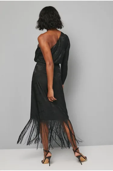 Jacquard One Sleeve Fringe Dress