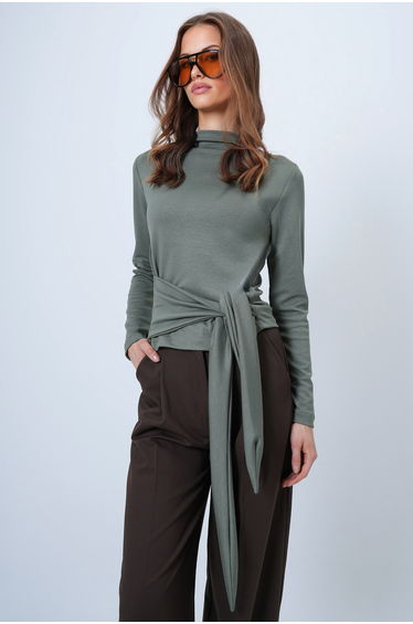 Women's Khaki Mock Neck Waist-Tied Blouse