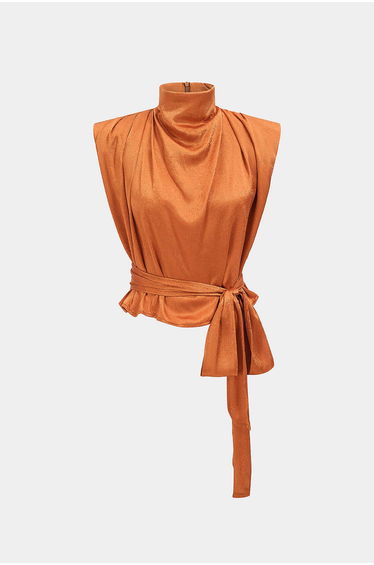 Satin Mock Neck Tie-Up Zipper Tank Top