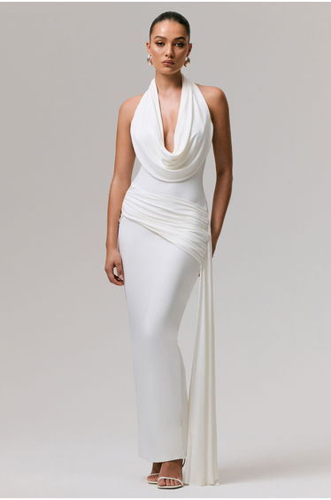 Maude | White Plunge-Neck Ruched Maxi Dress With Sash