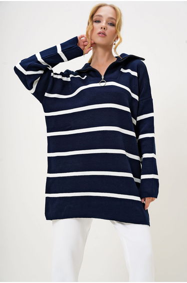 Women's Navy Blue Turtleneck Zipper Detailed Striped Knitwear Sweater Tunic