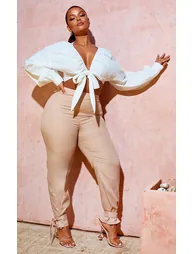 Plus White Tie Front Ruched Blouse - 2