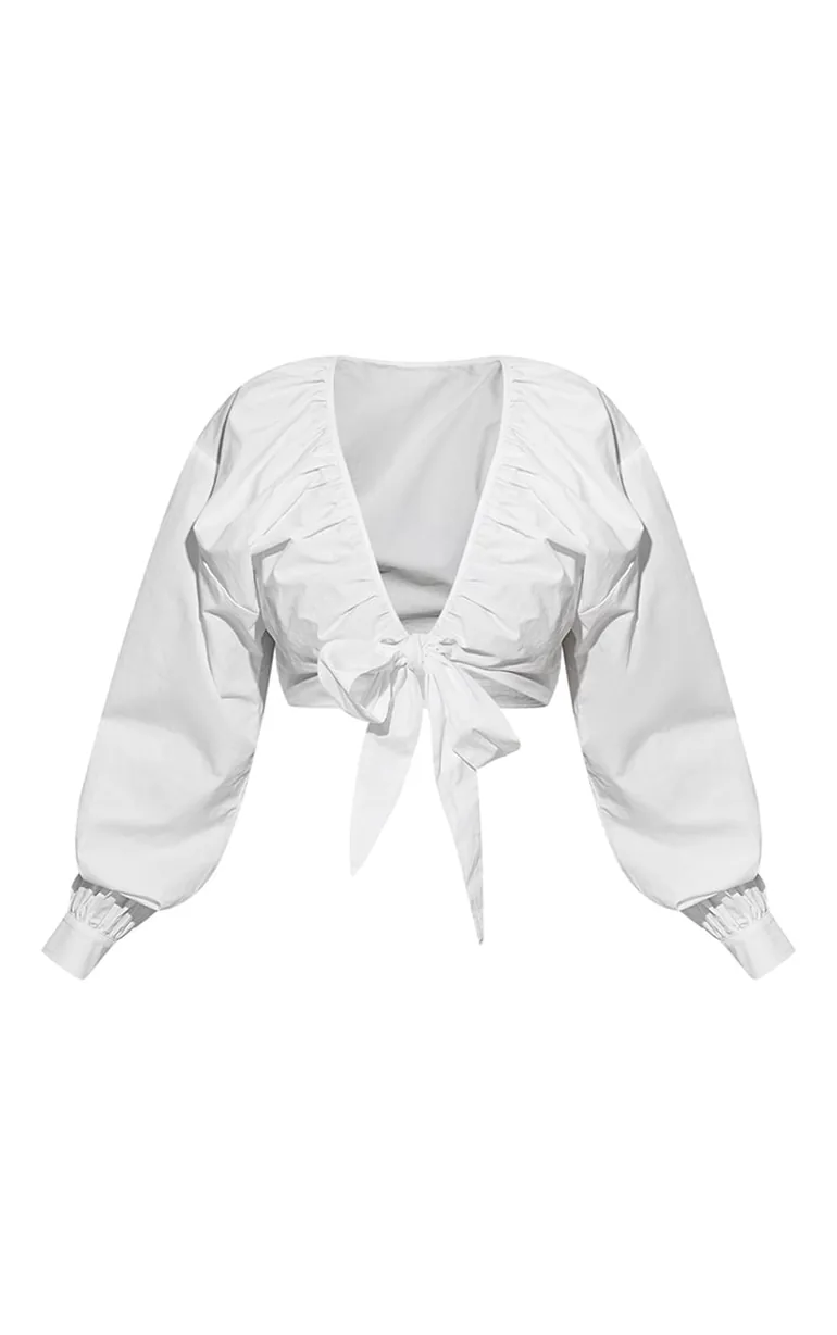 Plus White Tie Front Ruched Blouse - 5