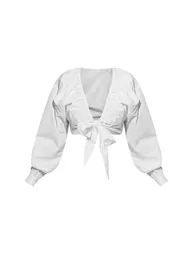 Plus White Tie Front Ruched Blouse - 5
