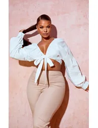 Plus White Tie Front Ruched Blouse - 6