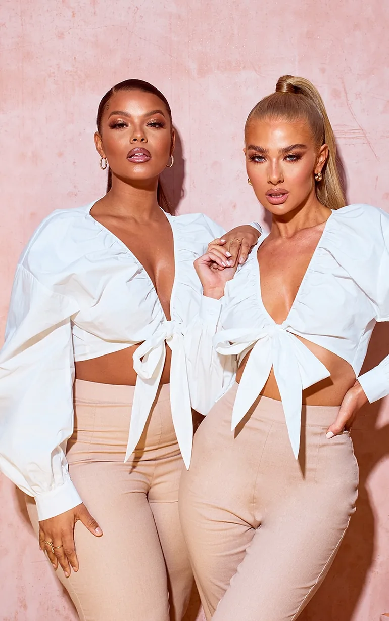 Plus White Tie Front Ruched Blouse - 4
