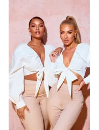 Plus White Tie Front Ruched Blouse - 4