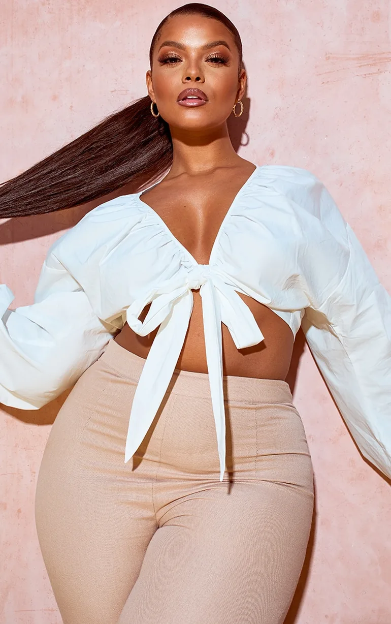Plus White Tie Front Ruched Blouse - 3