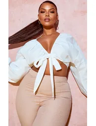Plus White Tie Front Ruched Blouse - 3