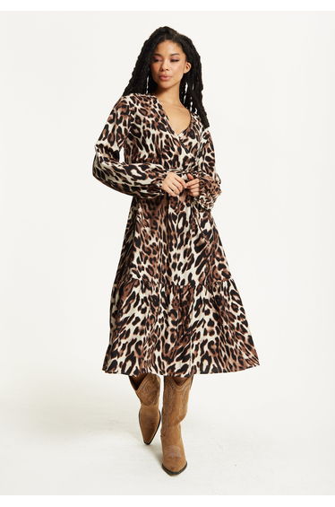 Leopard Print Long Sleeve Midi Dress