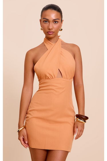 Burnt Orange Woven Tailored Plunge Halterneck Mini Dress