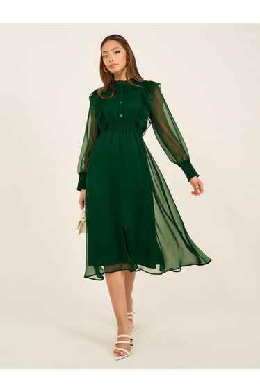 Ruffle Panel Cuffed Sleeve A-Line Maxi Dress