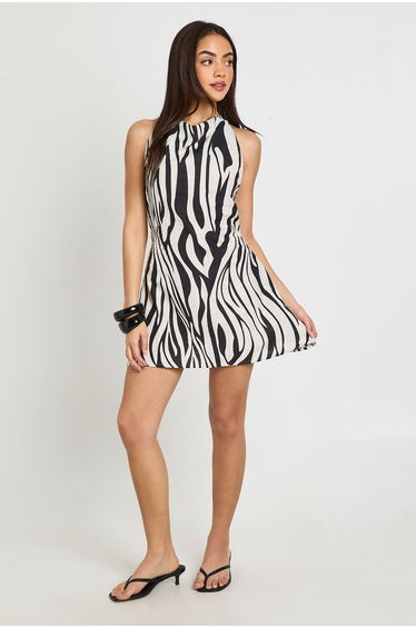 Zebra Linen Halterneck Mini Dress - black