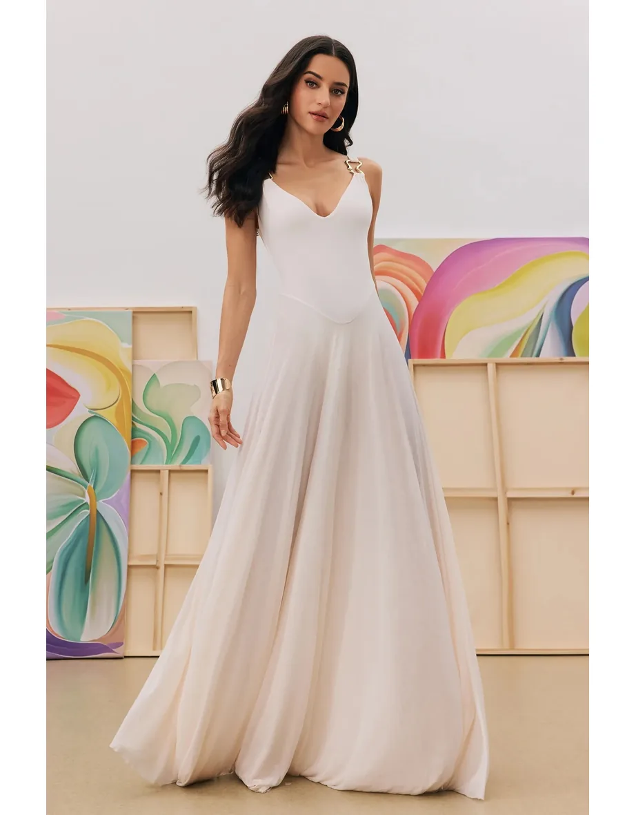 Julie Plunge Neck Semi-sheer Mesh Maxi Dress Sunfere White