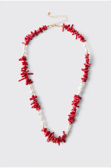 Beaded Shell & Pearl Necklace - red